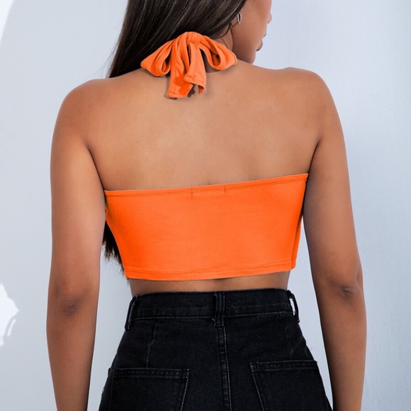 Boho Orange criss cross halter top crop Casual - Picture 7 of 8